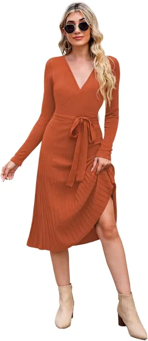 Pink Queen Women's Wrap Sweater Dress V Neck Long Sleeve Ribbed Swing Knit Midi Dresses with Belt