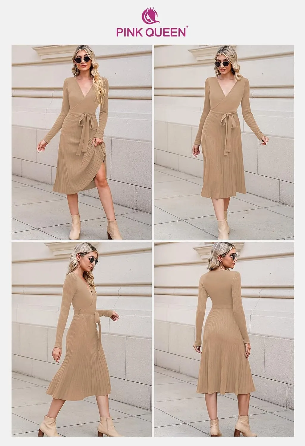 Pink Queen Women's Wrap Sweater Dress V Neck Long Sleeve Ribbed Swing Knit Midi Dresses with Belt
