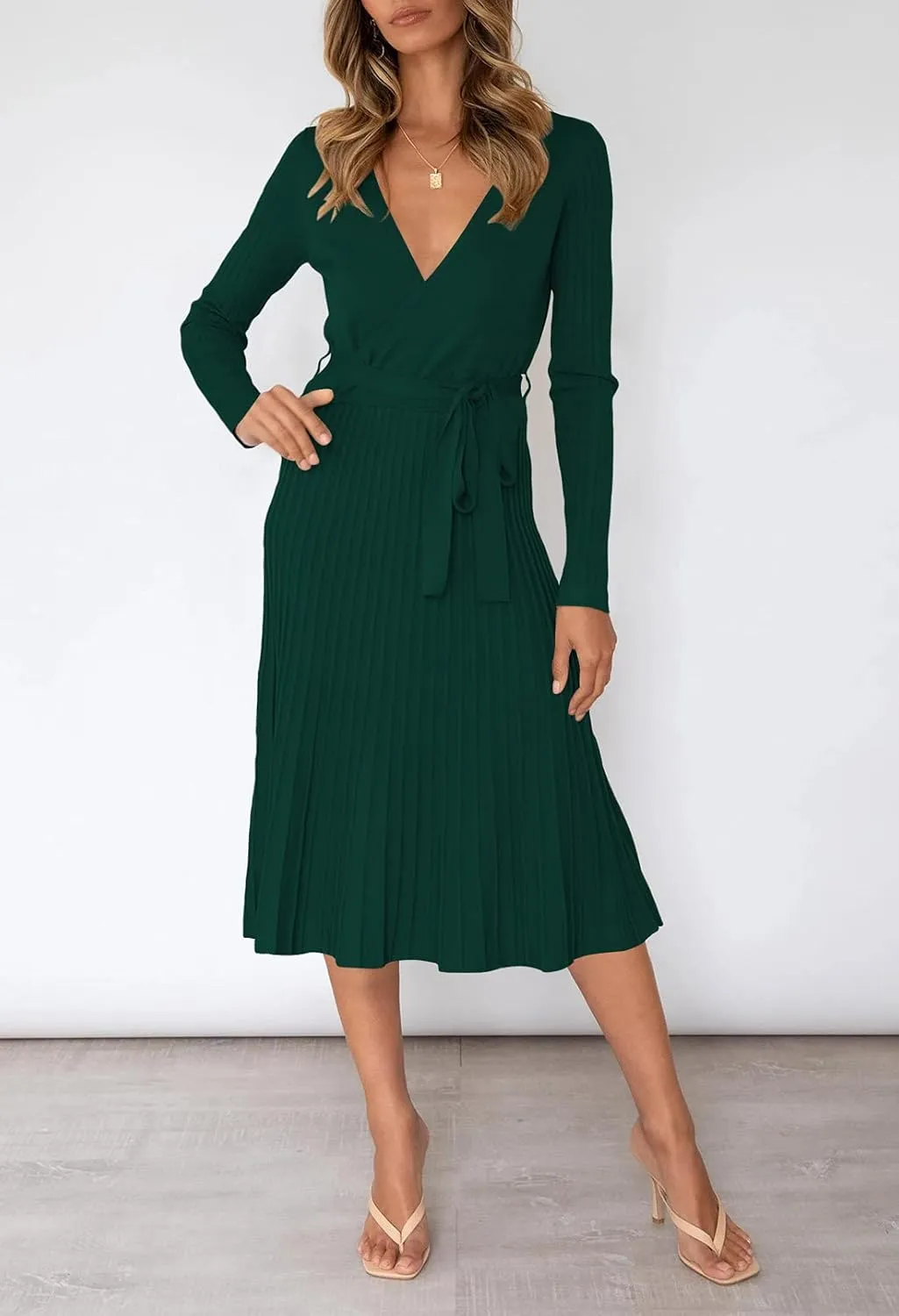 Pink Queen Women's Wrap Sweater Dress V Neck Long Sleeve Ribbed Swing Knit Midi Dresses with Belt