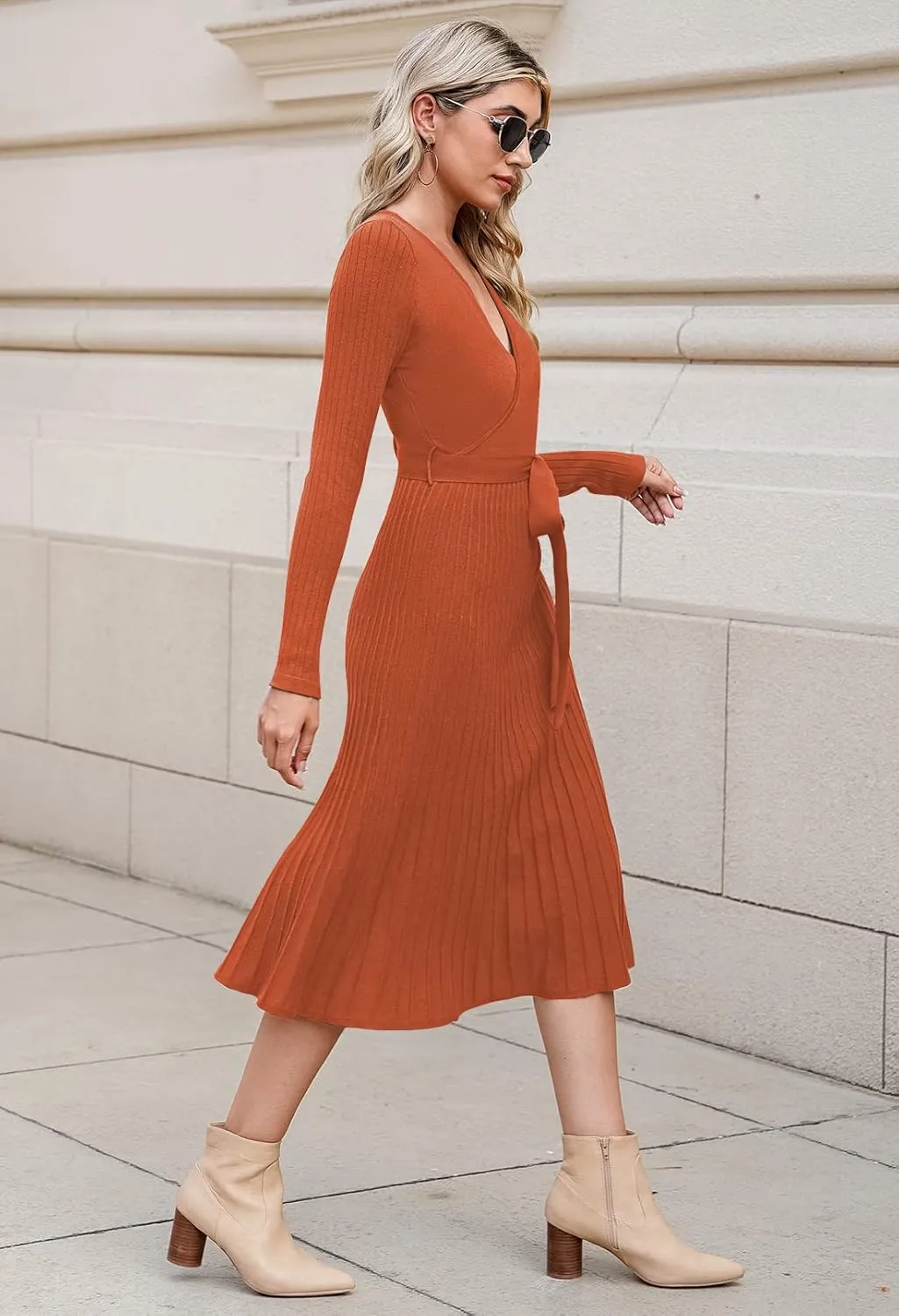 Pink Queen Women's Wrap Sweater Dress V Neck Long Sleeve Ribbed Swing Knit Midi Dresses with Belt