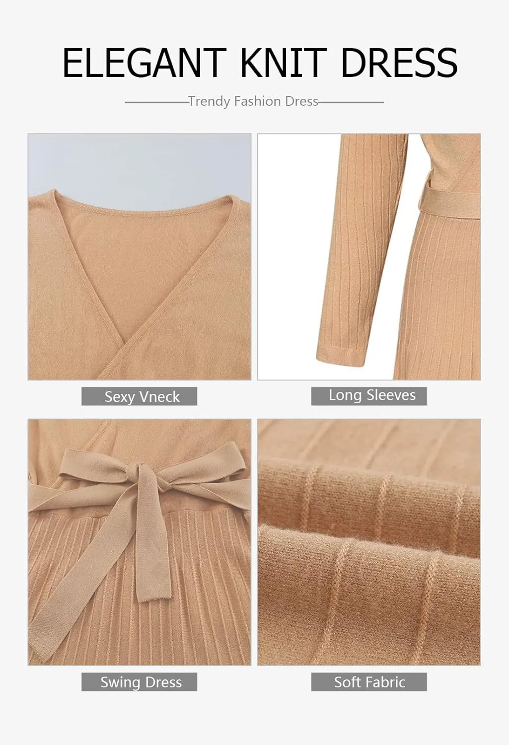 Pink Queen Women's Wrap Sweater Dress V Neck Long Sleeve Ribbed Swing Knit Midi Dresses with Belt