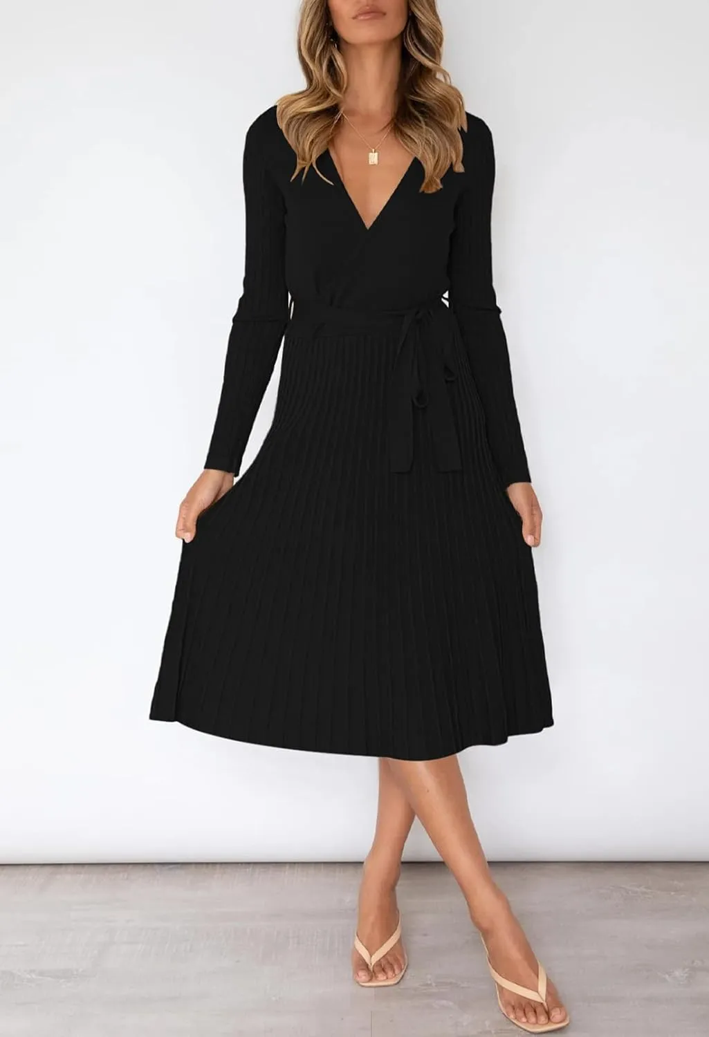 Pink Queen Women's Wrap Sweater Dress V Neck Long Sleeve Ribbed Swing Knit Midi Dresses with Belt