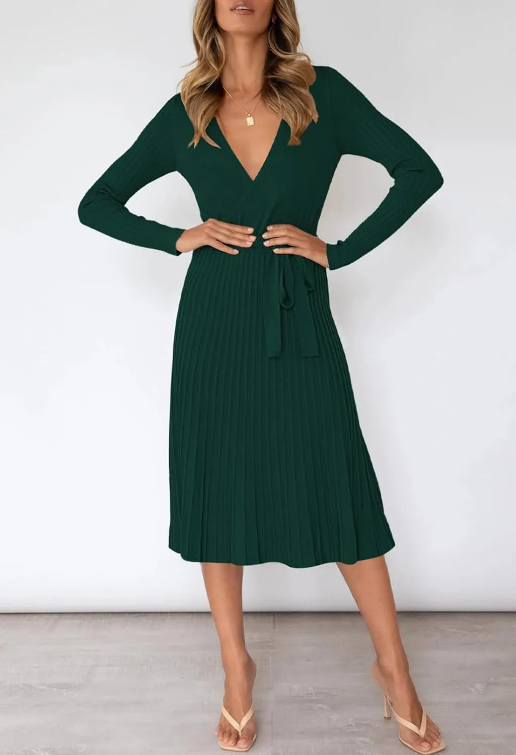 Pink Queen Women's Wrap Sweater Dress V Neck Long Sleeve Ribbed Swing Knit Midi Dresses with Belt