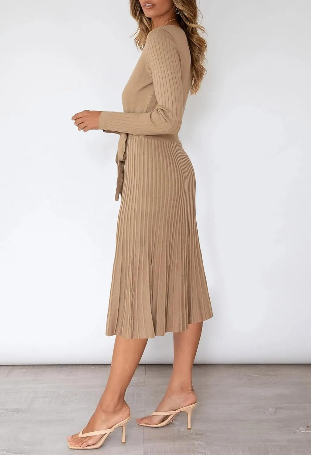 Pink Queen Women's Wrap Sweater Dress V Neck Long Sleeve Ribbed Swing Knit Midi Dresses with Belt