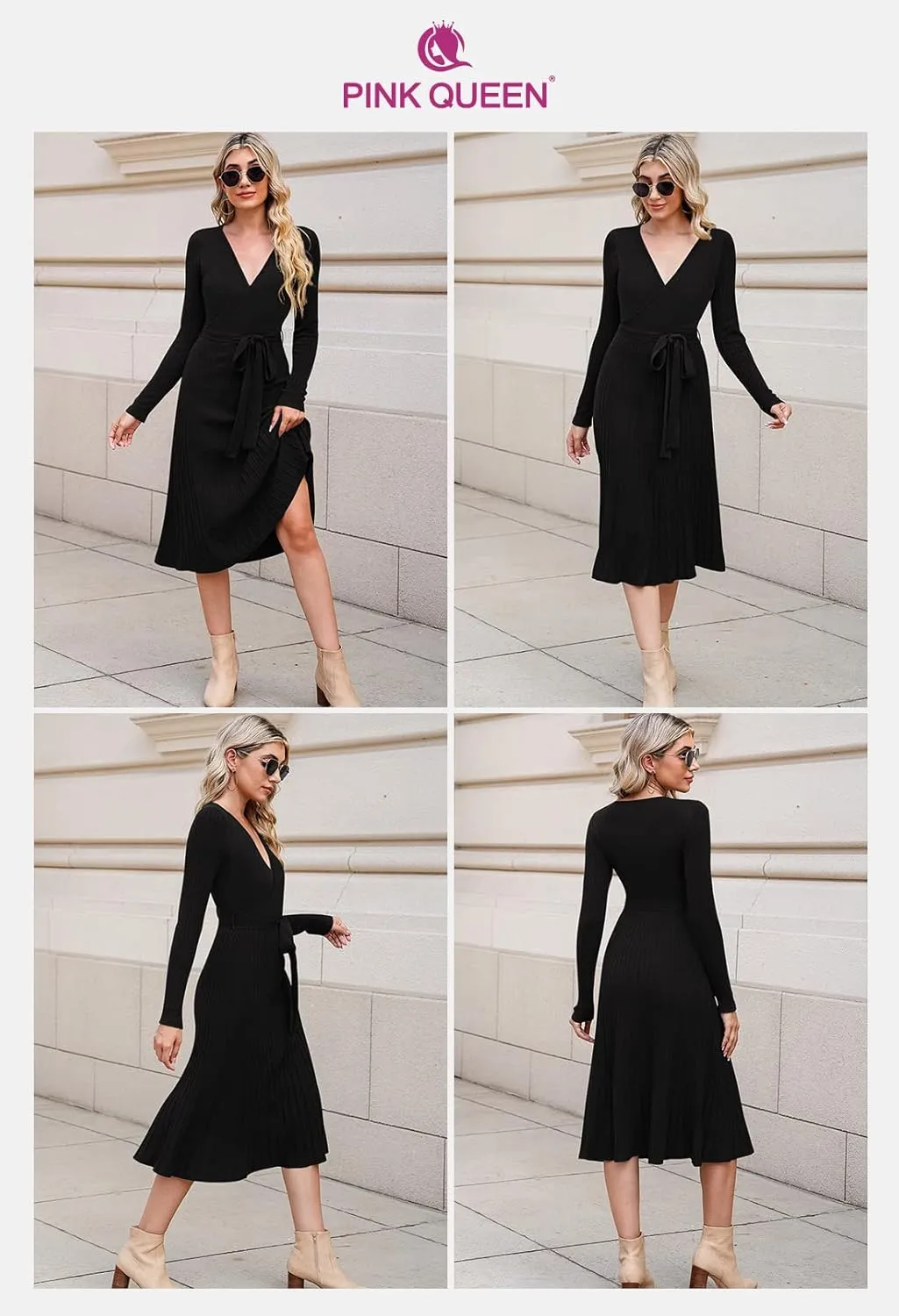 Pink Queen Women's Wrap Sweater Dress V Neck Long Sleeve Ribbed Swing Knit Midi Dresses with Belt