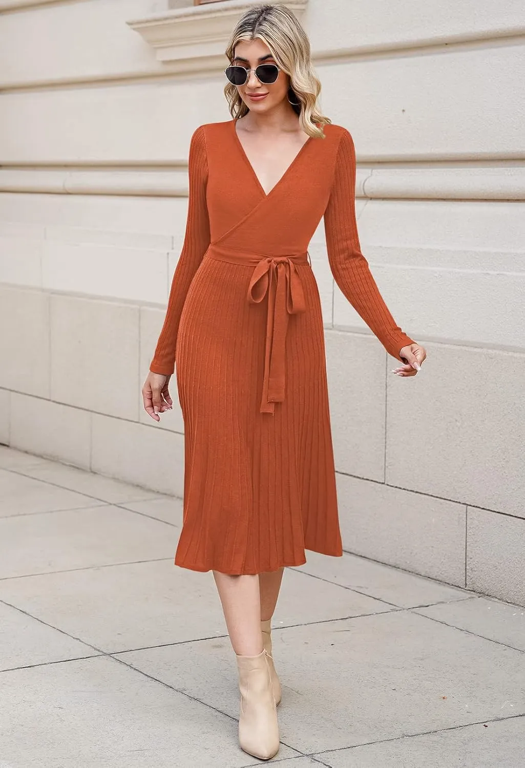 Pink Queen Women's Wrap Sweater Dress V Neck Long Sleeve Ribbed Swing Knit Midi Dresses with Belt