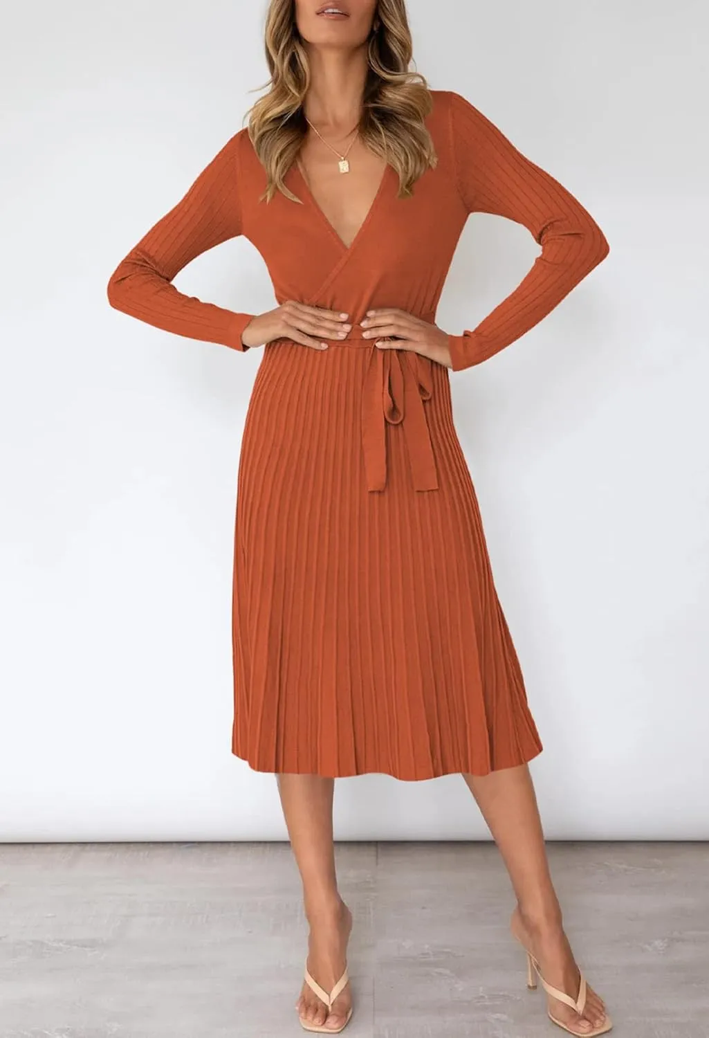 Pink Queen Women's Wrap Sweater Dress V Neck Long Sleeve Ribbed Swing Knit Midi Dresses with Belt