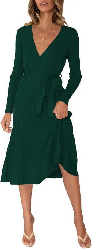 Pink Queen Women's Wrap Sweater Dress V Neck Long Sleeve Ribbed Swing Knit Midi Dresses with Belt