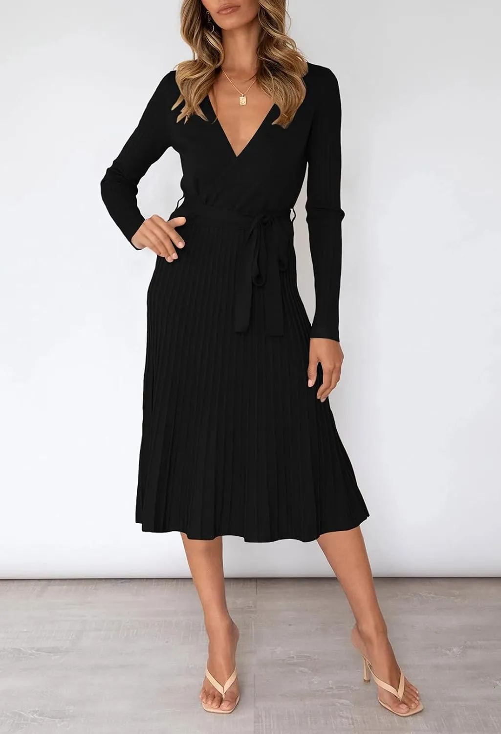 Pink Queen Women's Wrap Sweater Dress V Neck Long Sleeve Ribbed Swing Knit Midi Dresses with Belt