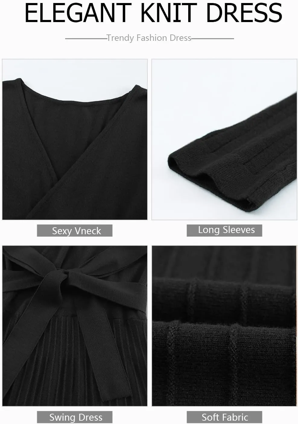Pink Queen Women's Wrap Sweater Dress V Neck Long Sleeve Ribbed Swing Knit Midi Dresses with Belt