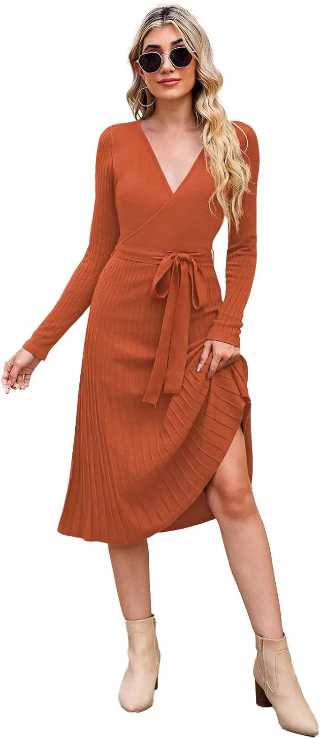 Pink Queen Women's Wrap Sweater Dress V Neck Long Sleeve Ribbed Swing Knit Midi Dresses with Belt