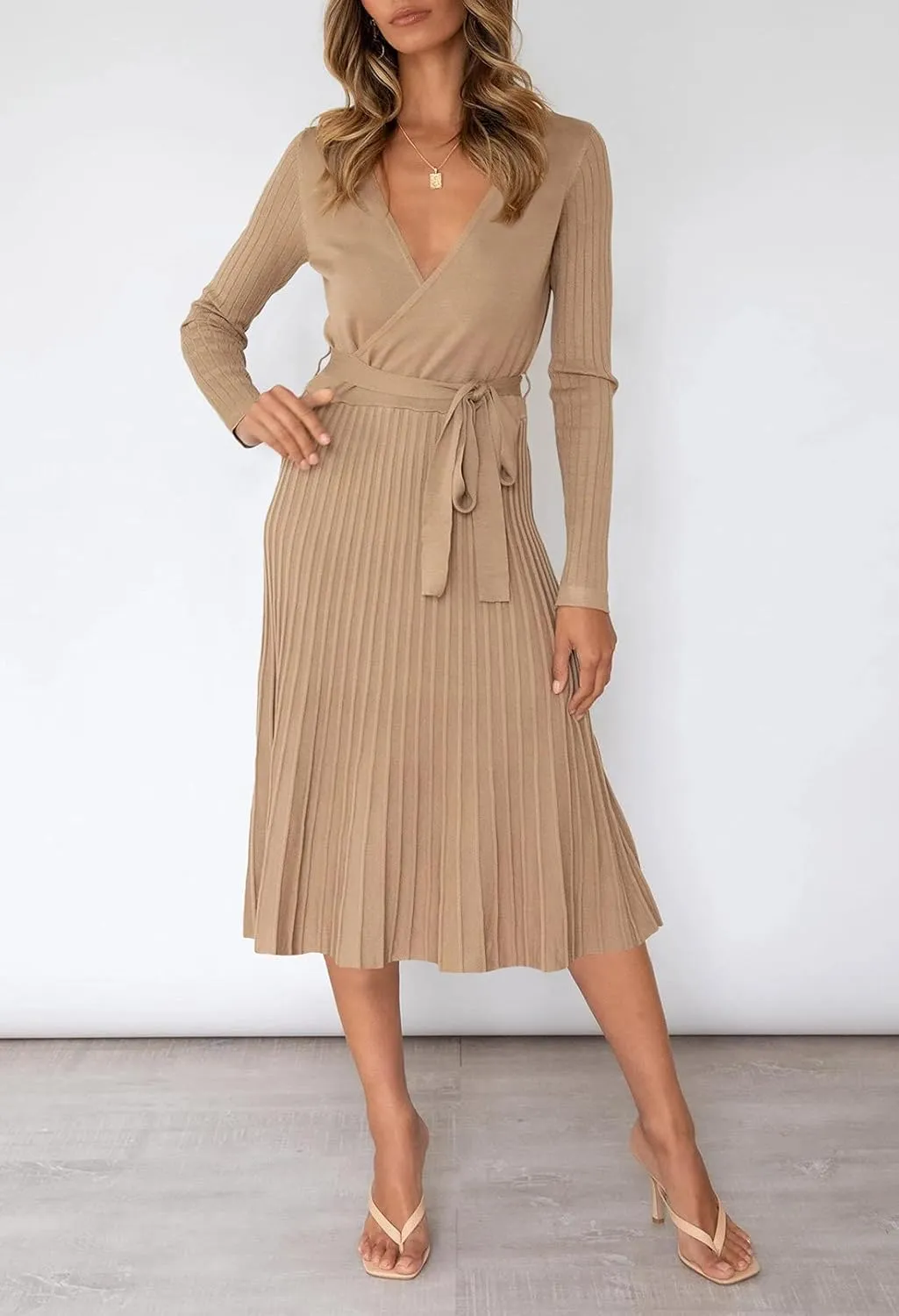 Pink Queen Women's Wrap Sweater Dress V Neck Long Sleeve Ribbed Swing Knit Midi Dresses with Belt