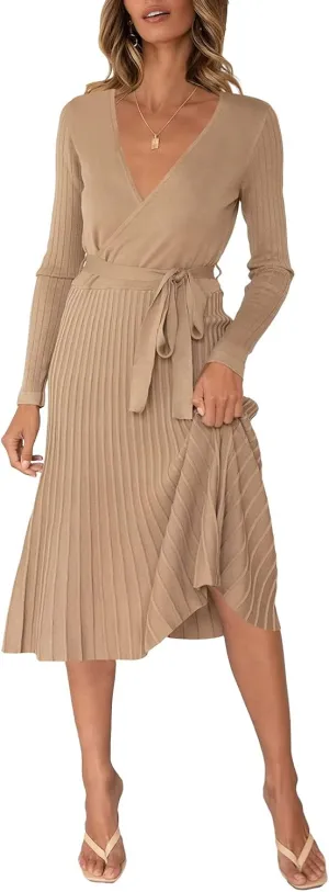 Pink Queen Women's Wrap Sweater Dress V Neck Long Sleeve Ribbed Swing Knit Midi Dresses with Belt