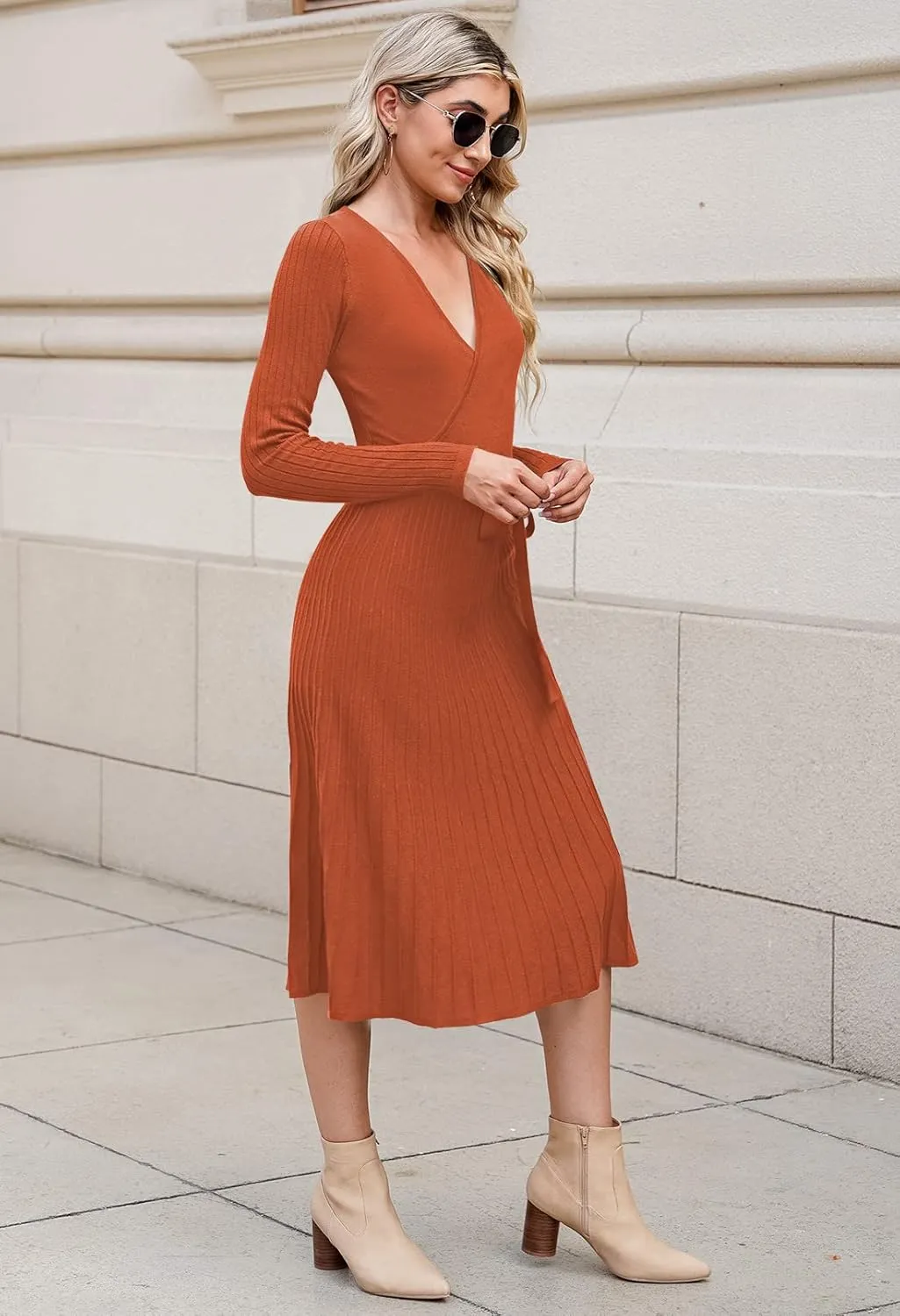 Pink Queen Women's Wrap Sweater Dress V Neck Long Sleeve Ribbed Swing Knit Midi Dresses with Belt