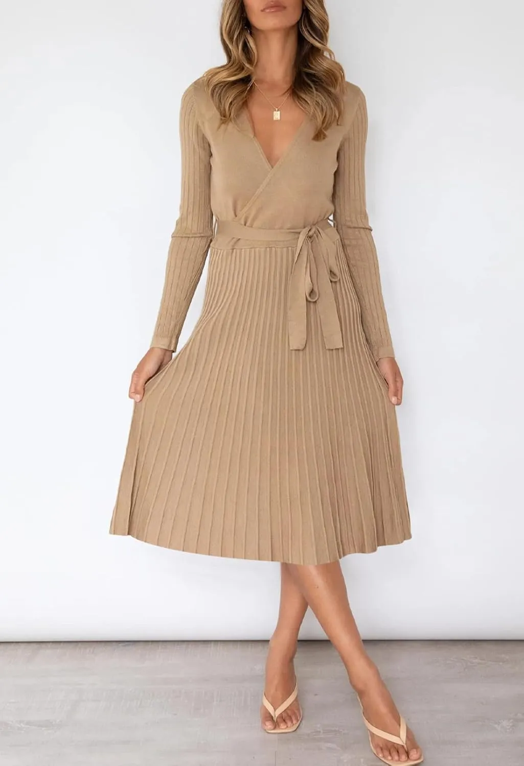 Pink Queen Women's Wrap Sweater Dress V Neck Long Sleeve Ribbed Swing Knit Midi Dresses with Belt