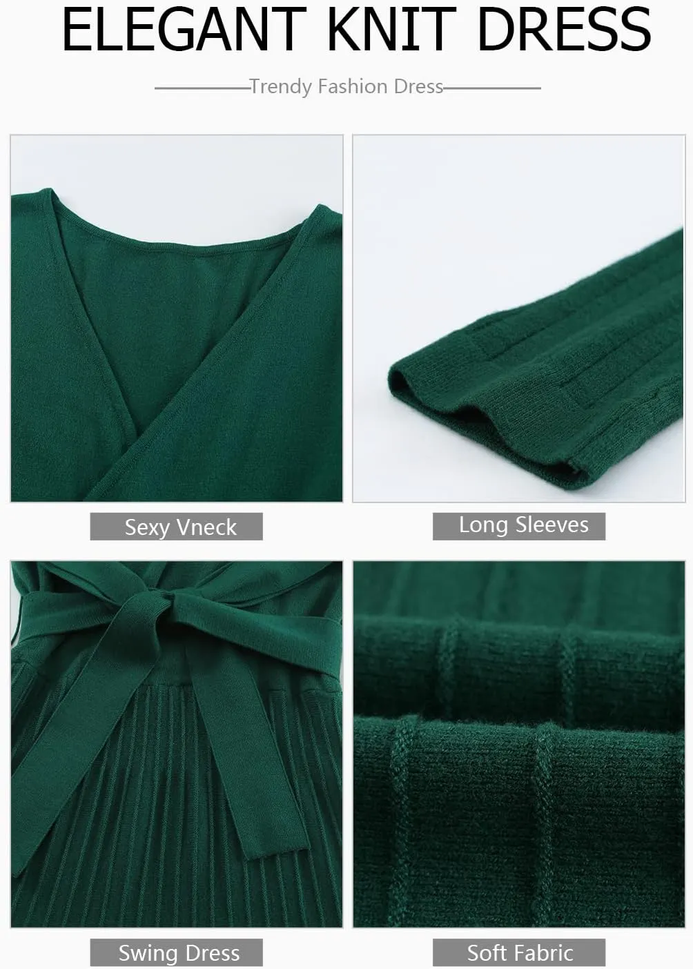 Pink Queen Women's Wrap Sweater Dress V Neck Long Sleeve Ribbed Swing Knit Midi Dresses with Belt