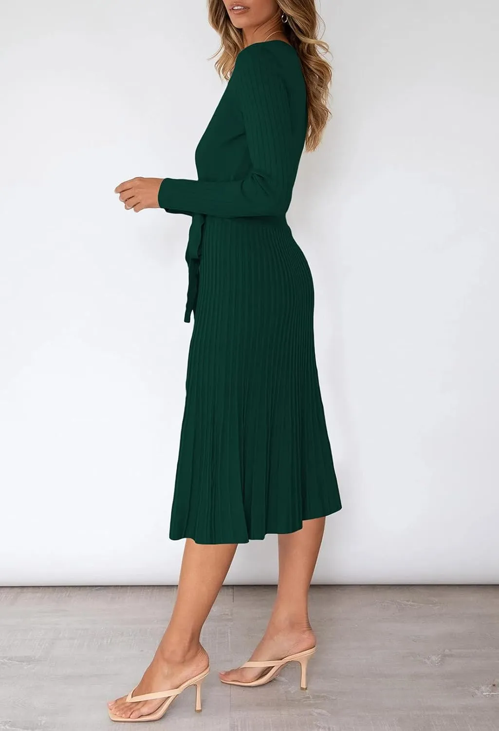 Pink Queen Women's Wrap Sweater Dress V Neck Long Sleeve Ribbed Swing Knit Midi Dresses with Belt
