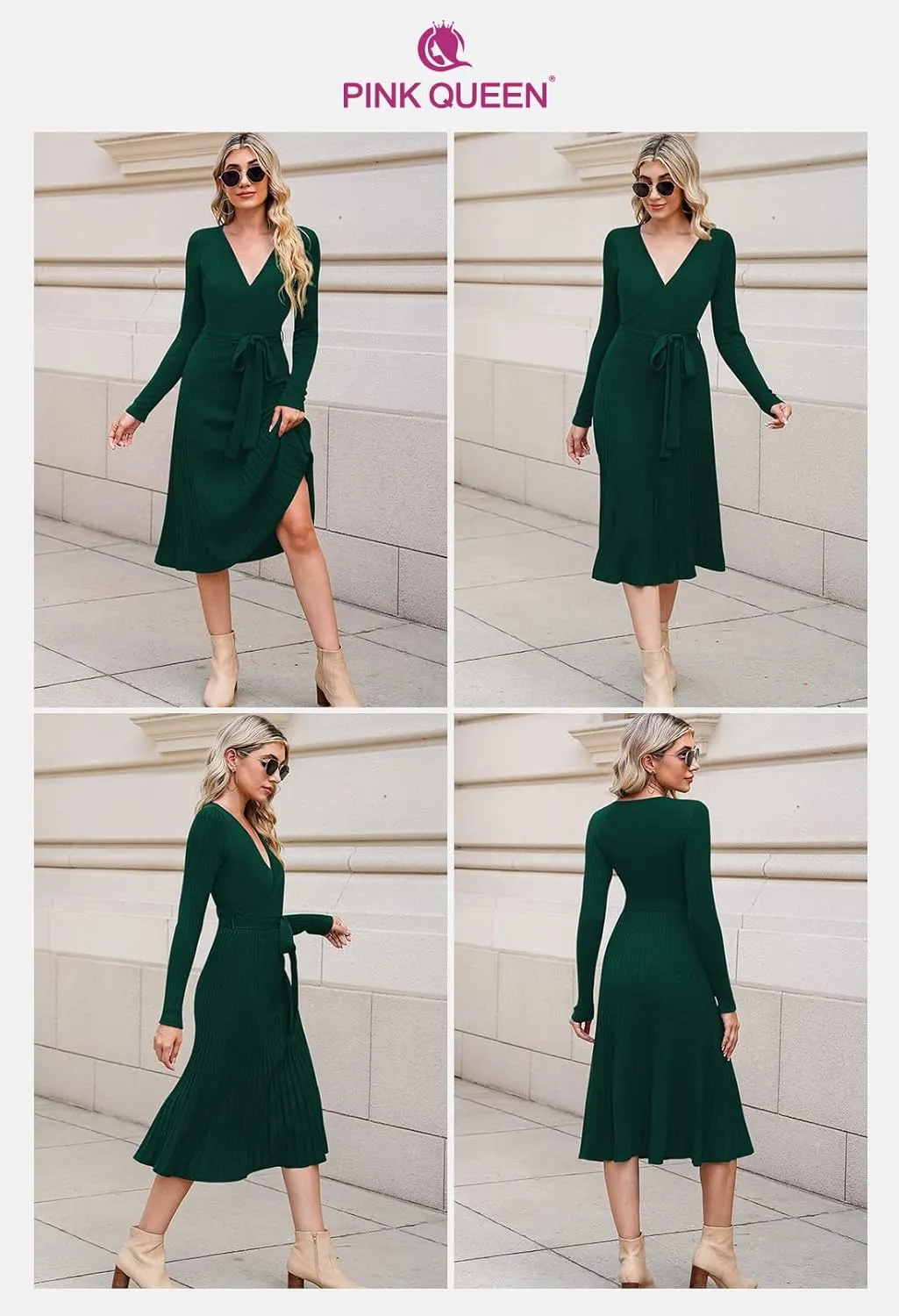Pink Queen Women's Wrap Sweater Dress V Neck Long Sleeve Ribbed Swing Knit Midi Dresses with Belt