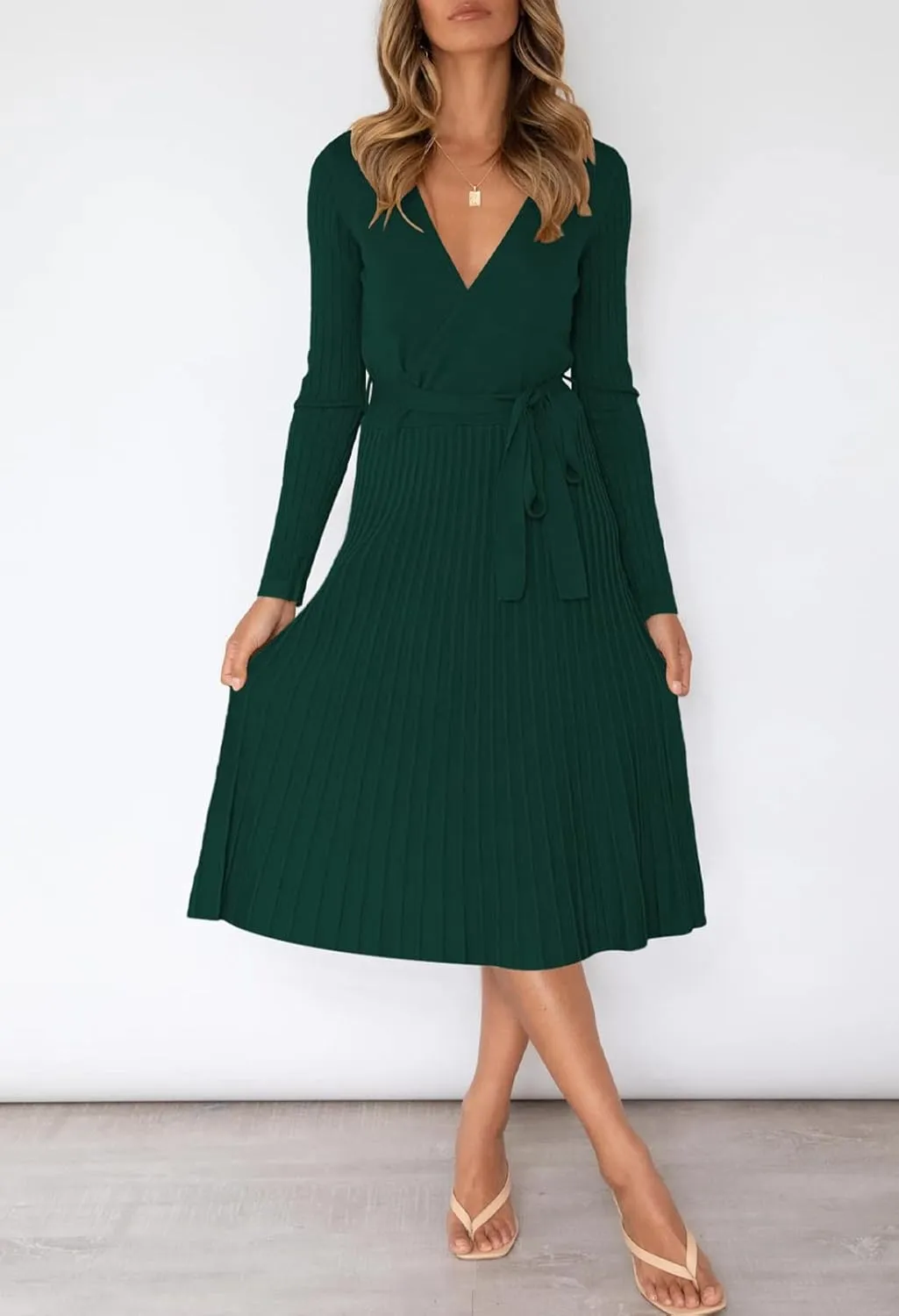 Pink Queen Women's Wrap Sweater Dress V Neck Long Sleeve Ribbed Swing Knit Midi Dresses with Belt