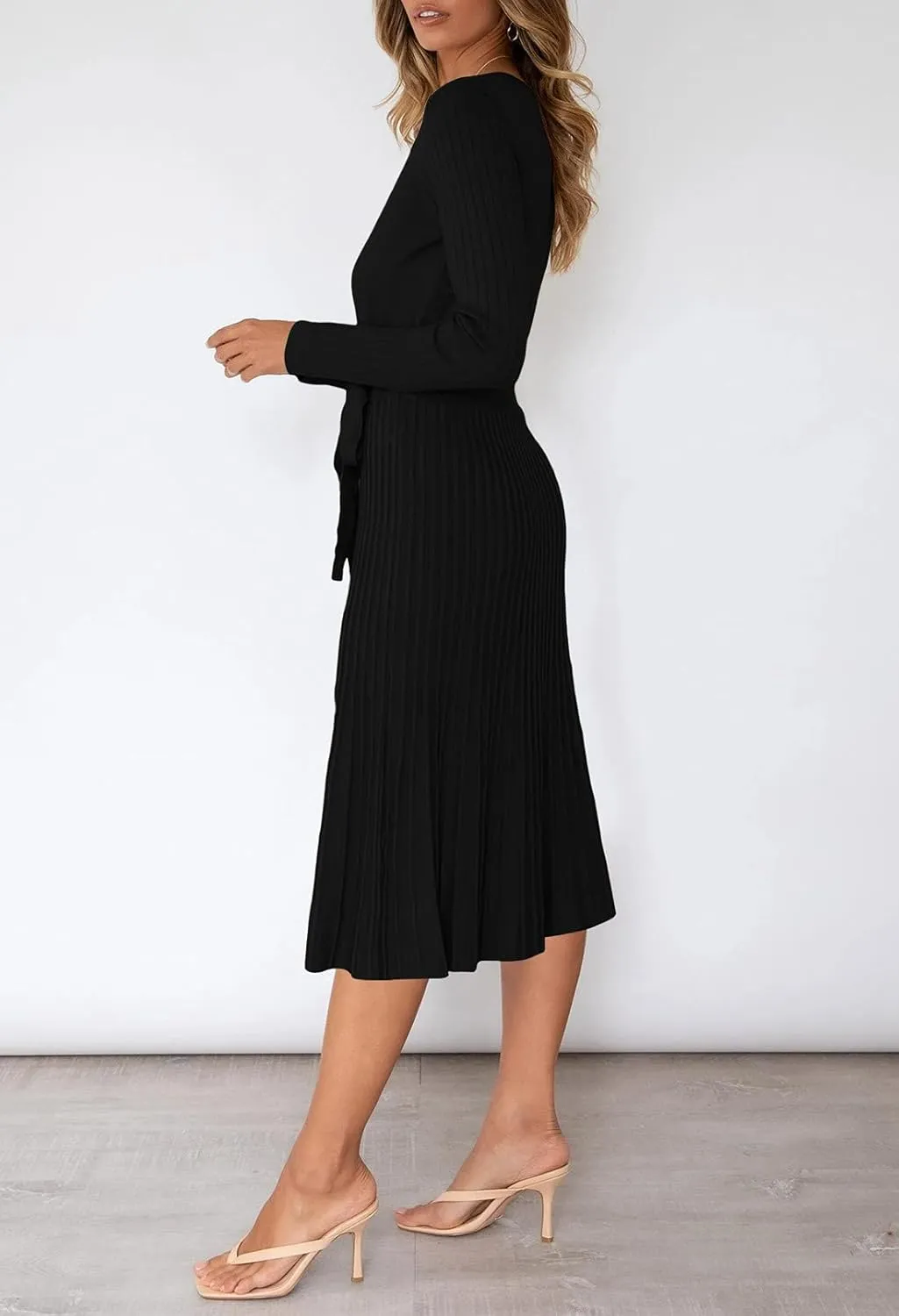 Pink Queen Women's Wrap Sweater Dress V Neck Long Sleeve Ribbed Swing Knit Midi Dresses with Belt