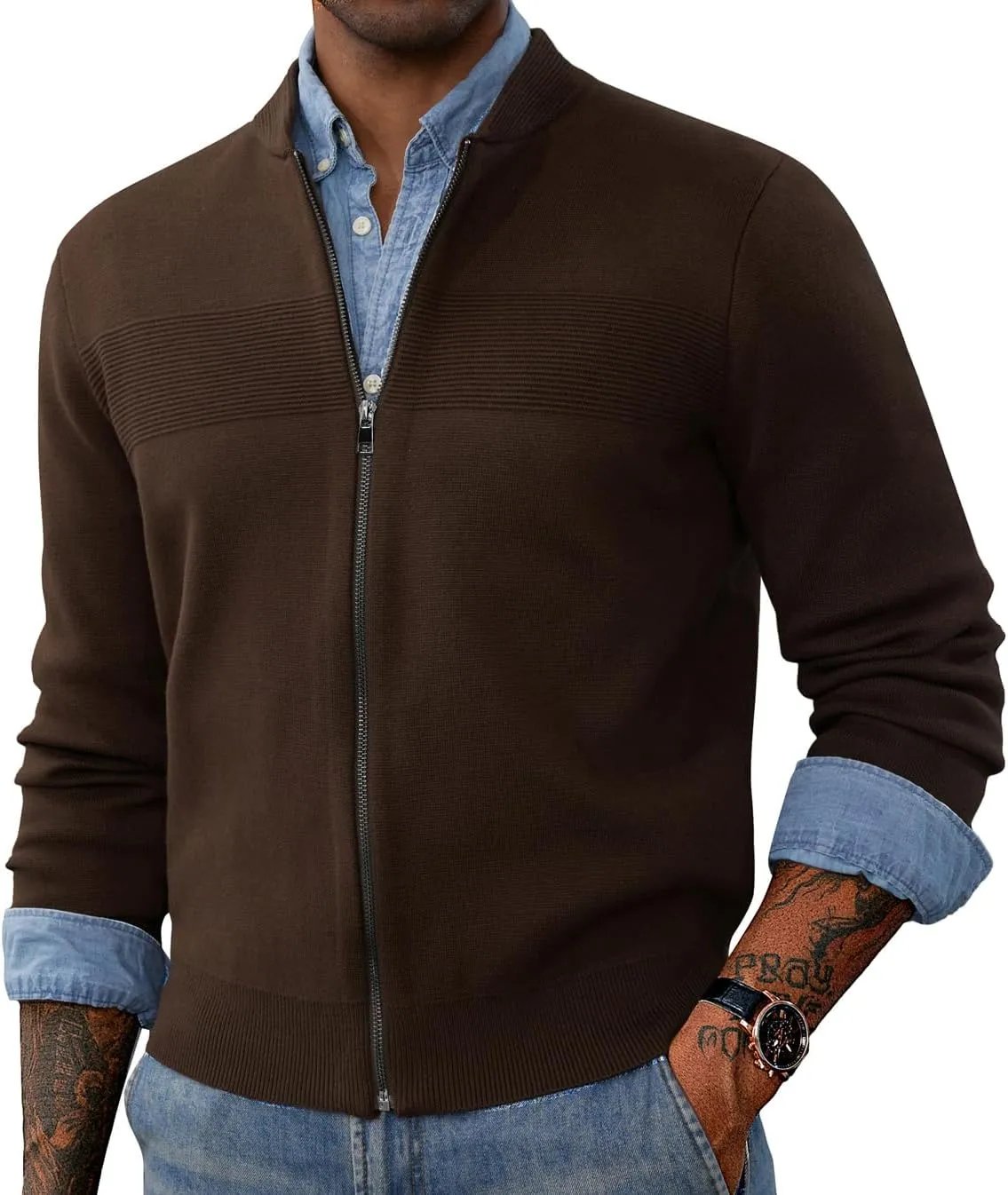 PJ PAUL JONES Mens Full Zip Cardigan Sweater Stand Collar Regular Fit Knit Sweaters