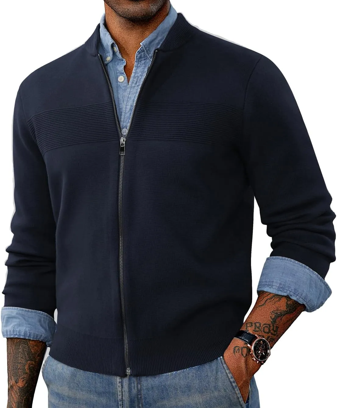 PJ PAUL JONES Mens Full Zip Cardigan Sweater Stand Collar Regular Fit Knit Sweaters