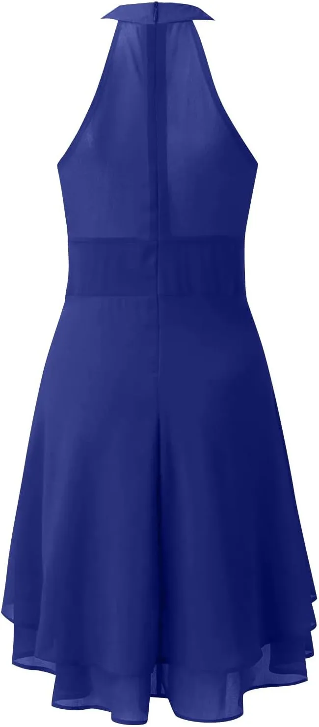 Plus Size Sexy Off The Shoulder Cocktail Dress for Women Trendy Sleeveless Chiffon Formal Ruched Midi Halter Dress