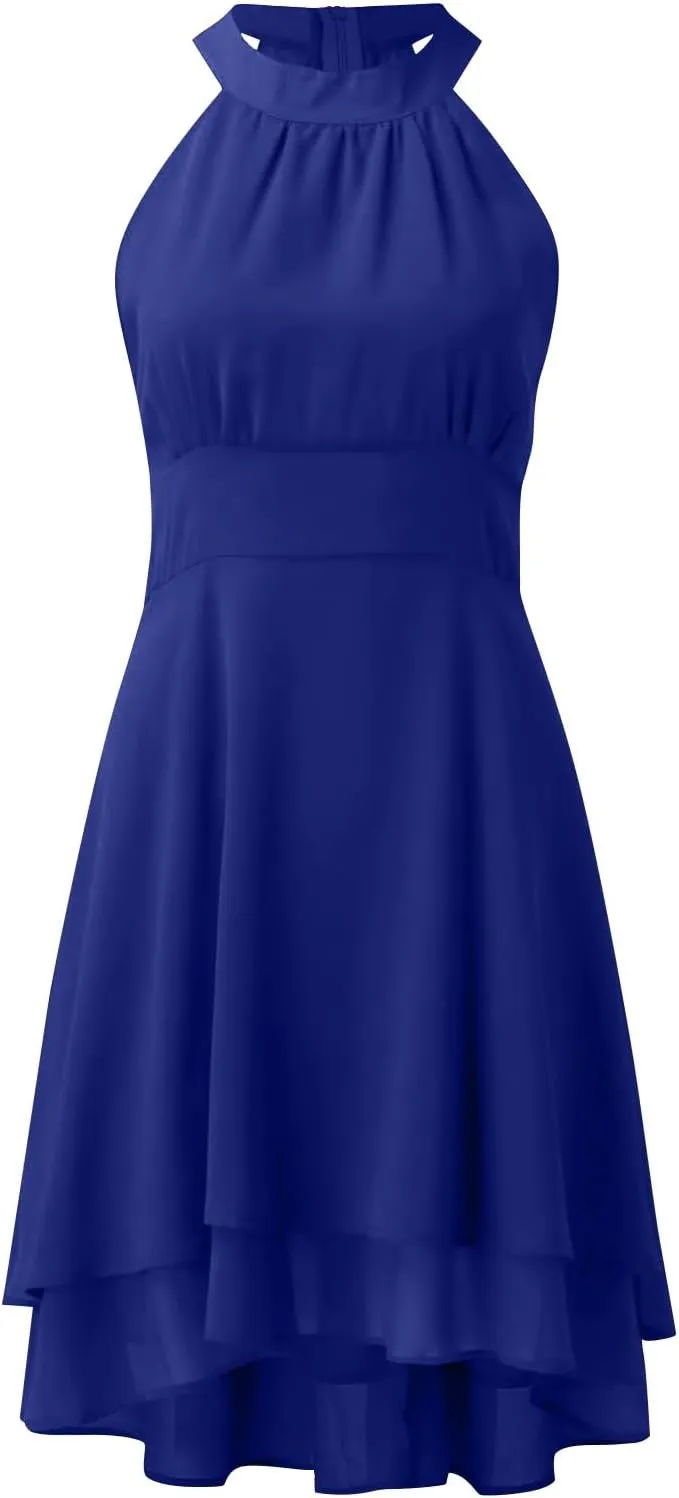 Plus Size Sexy Off The Shoulder Cocktail Dress for Women Trendy Sleeveless Chiffon Formal Ruched Midi Halter Dress