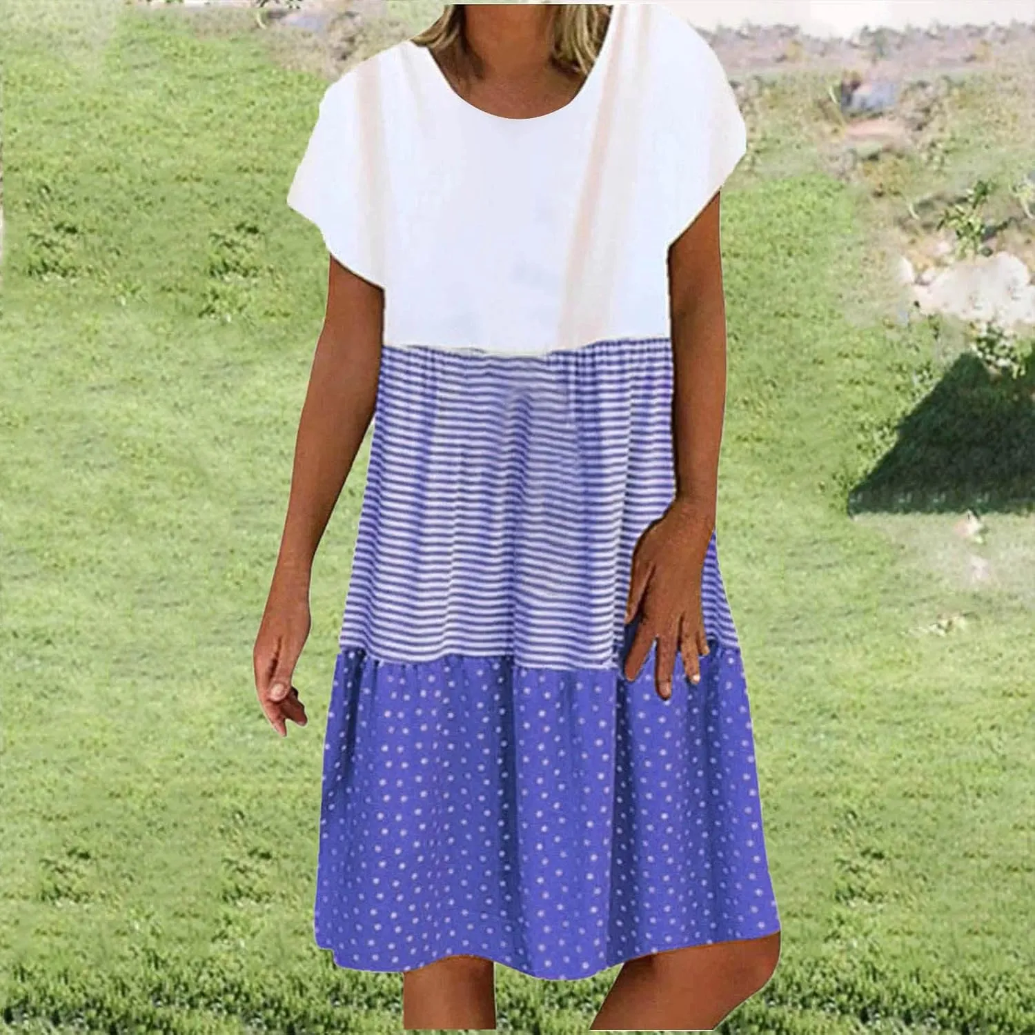 Plus Size Summer Dresses for Women 2024 Tiered Color Block Stripe Shift Dress Swing Casual Flowy Midi Sundresses