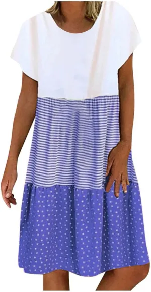 Plus Size Summer Dresses for Women 2024 Tiered Color Block Stripe Shift Dress Swing Casual Flowy Midi Sundresses