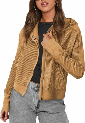 Plustrong Womens Waffle Knit Jackets Zip Up Hoodie Jacket Long Sleeve Cropped Hoodie