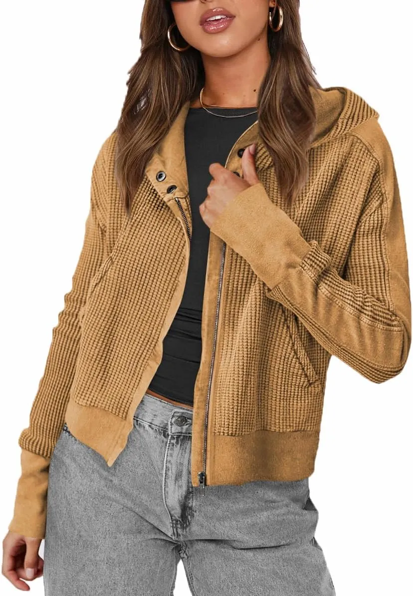 Plustrong Womens Waffle Knit Jackets Zip Up Hoodie Jacket Long Sleeve Cropped Hoodie