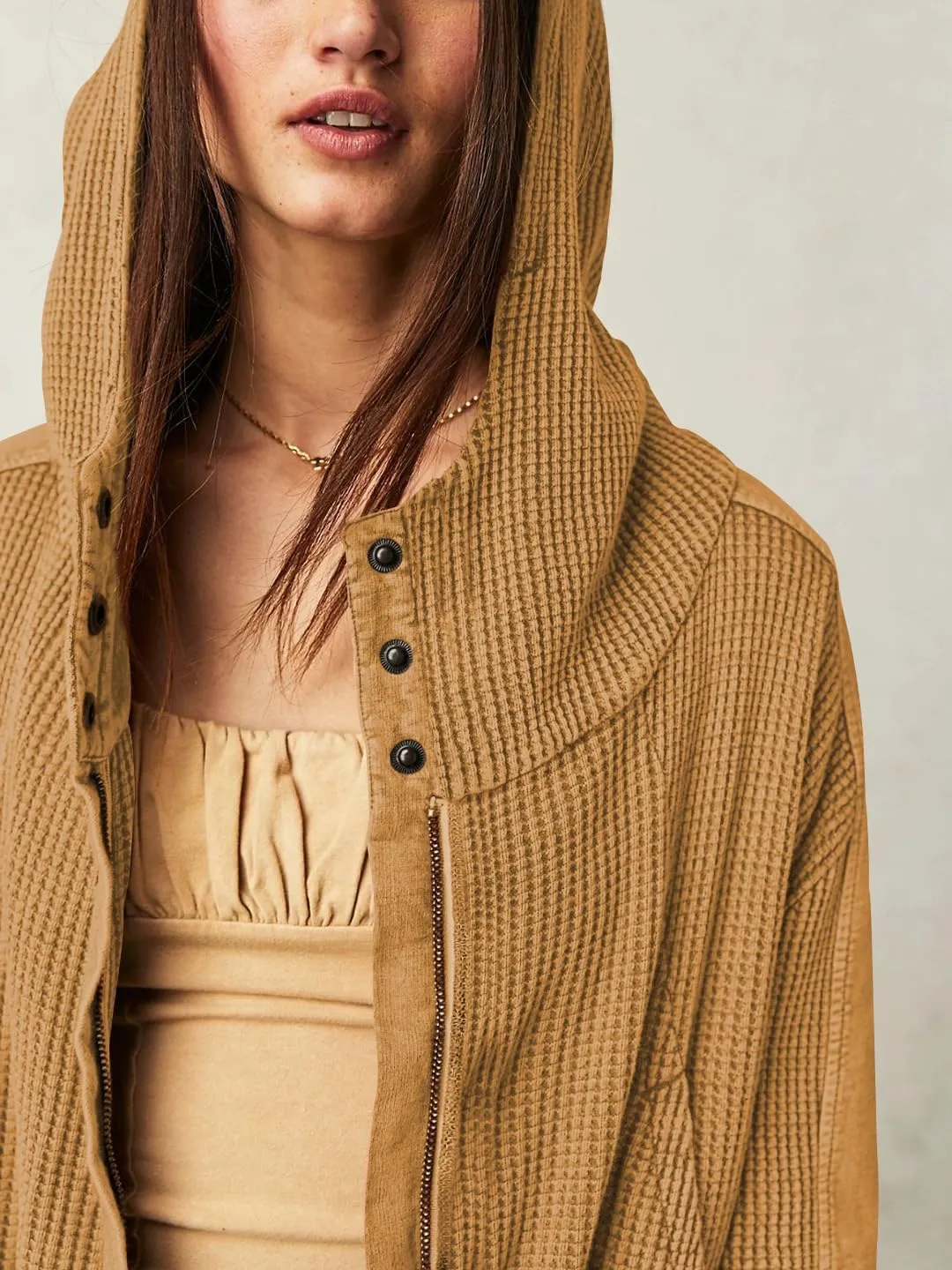 Plustrong Womens Waffle Knit Jackets Zip Up Hoodie Jacket Long Sleeve Cropped Hoodie
