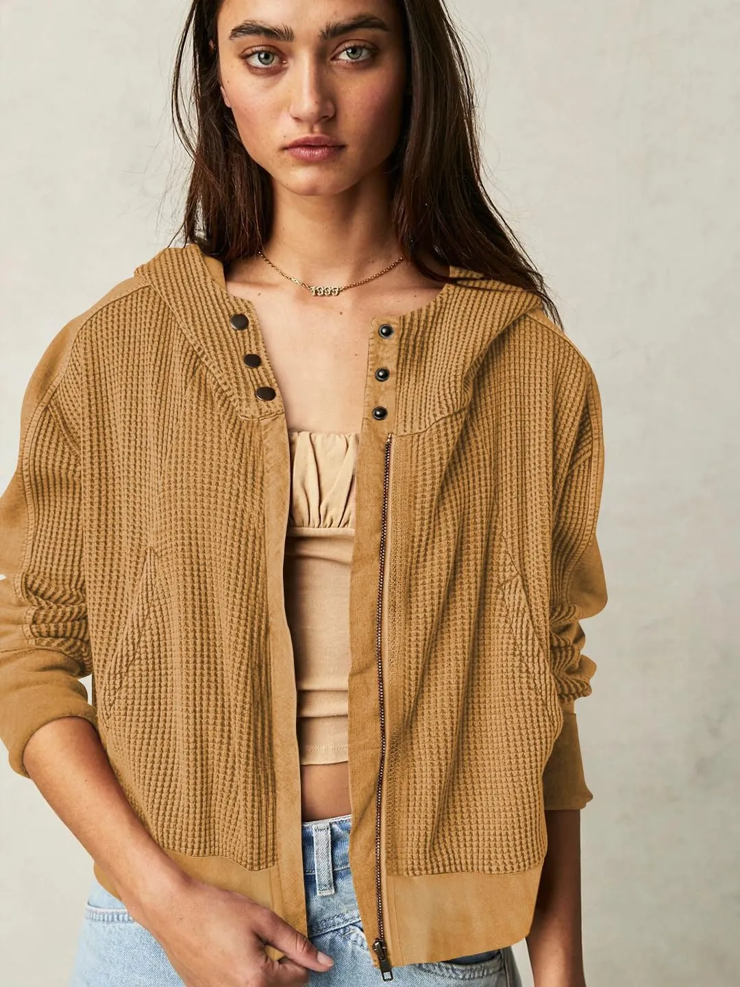 Plustrong Womens Waffle Knit Jackets Zip Up Hoodie Jacket Long Sleeve Cropped Hoodie