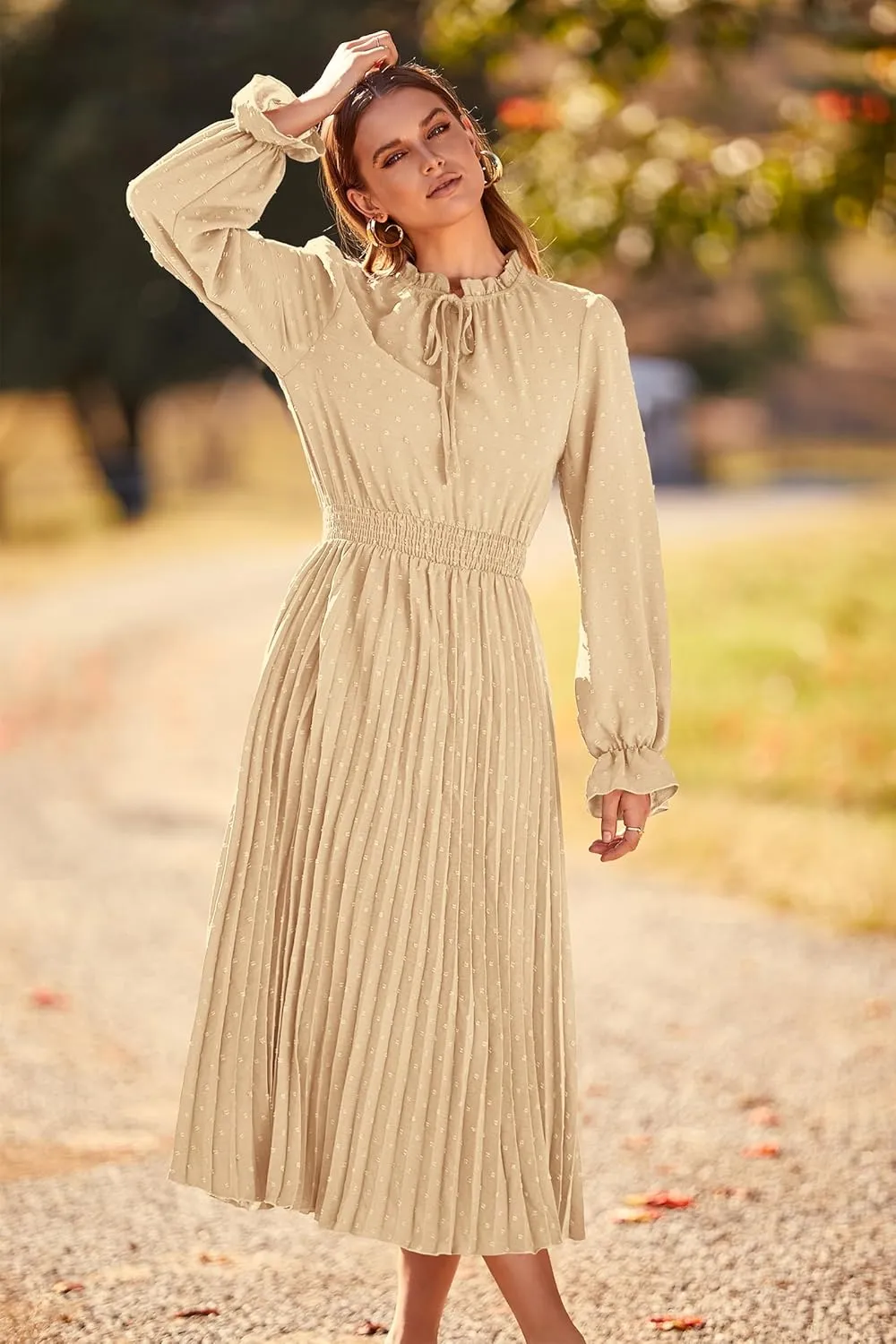 PRETTYGARDEN Women's 2025 Spring Fall Midi Dress Casual Long Sleeve V Neck Swiss Dot Pleated A Line Flowy Dresses