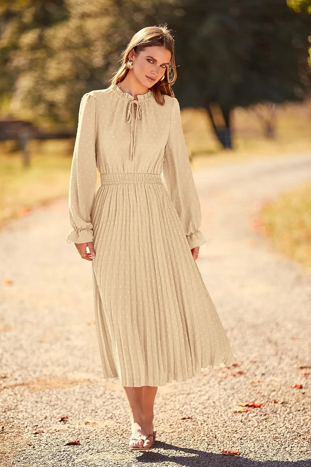 PRETTYGARDEN Women's 2025 Spring Fall Midi Dress Casual Long Sleeve V Neck Swiss Dot Pleated A Line Flowy Dresses