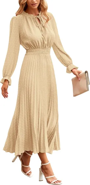 PRETTYGARDEN Women's 2025 Spring Fall Midi Dress Casual Long Sleeve V Neck Swiss Dot Pleated A Line Flowy Dresses