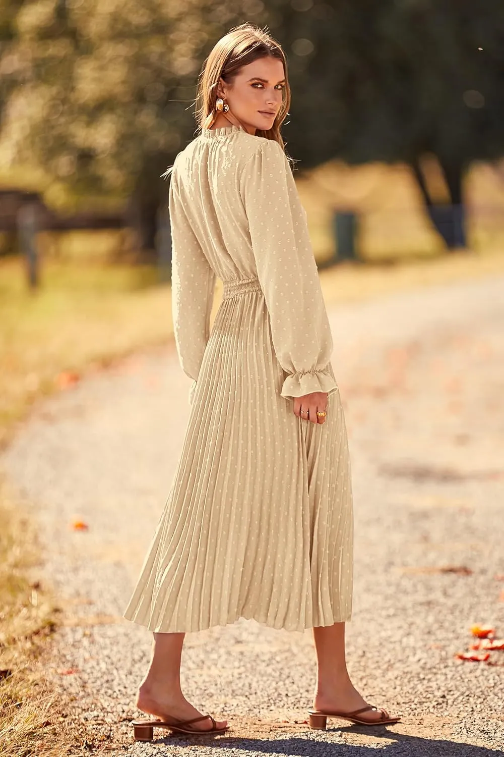 PRETTYGARDEN Women's 2025 Spring Fall Midi Dress Casual Long Sleeve V Neck Swiss Dot Pleated A Line Flowy Dresses