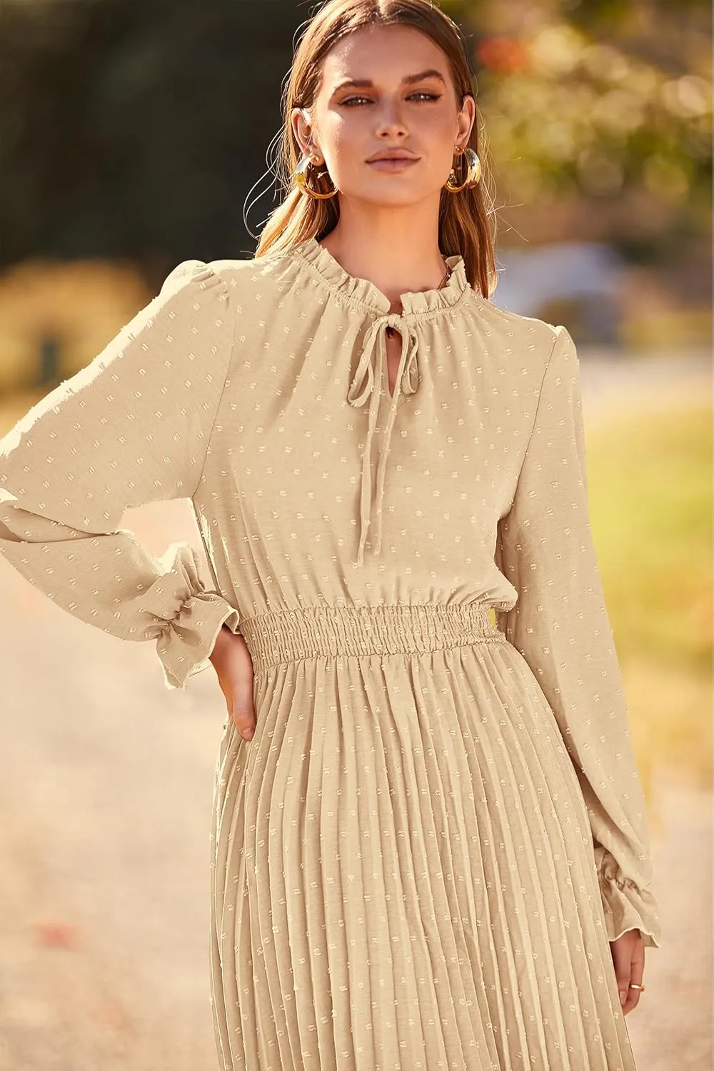 PRETTYGARDEN Women's 2025 Spring Fall Midi Dress Casual Long Sleeve V Neck Swiss Dot Pleated A Line Flowy Dresses