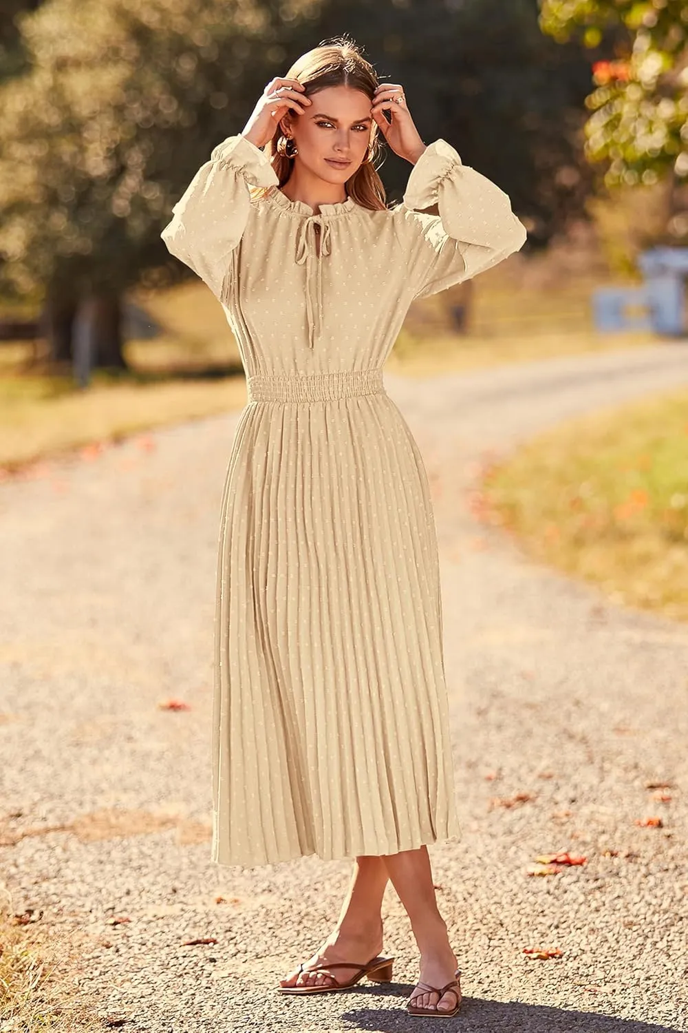 PRETTYGARDEN Women's 2025 Spring Fall Midi Dress Casual Long Sleeve V Neck Swiss Dot Pleated A Line Flowy Dresses