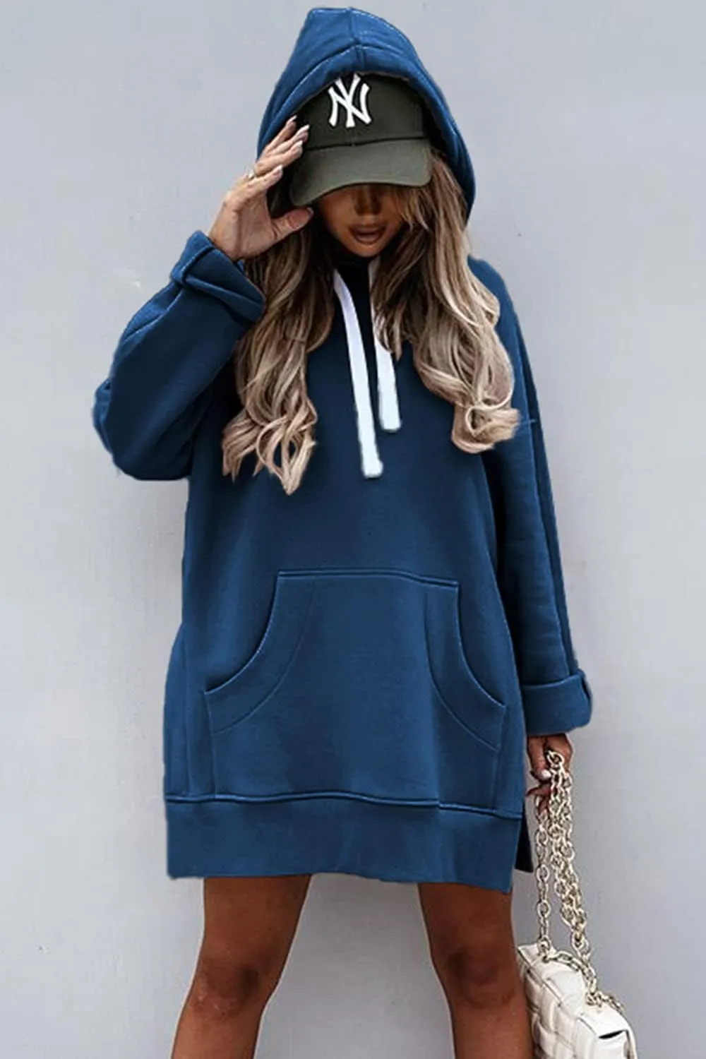 PRETTYGARDEN Women's Casual Pullover Sweatshirt Long Sleeve Split Hem Hoodie Dress with Kangaroo Pocket