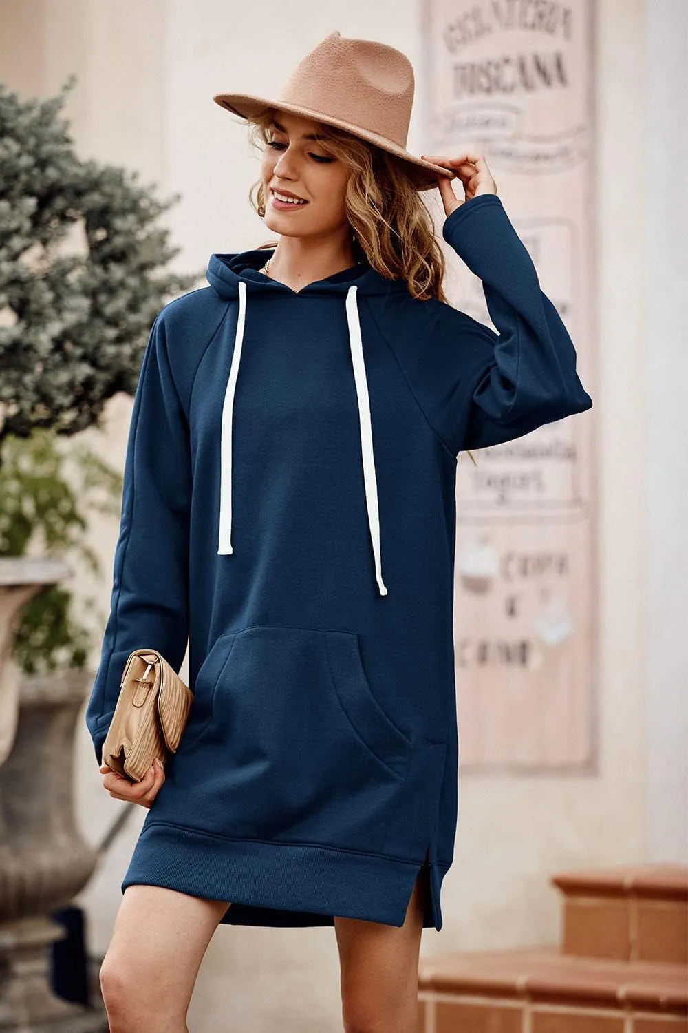 PRETTYGARDEN Women's Casual Pullover Sweatshirt Long Sleeve Split Hem Hoodie Dress with Kangaroo Pocket