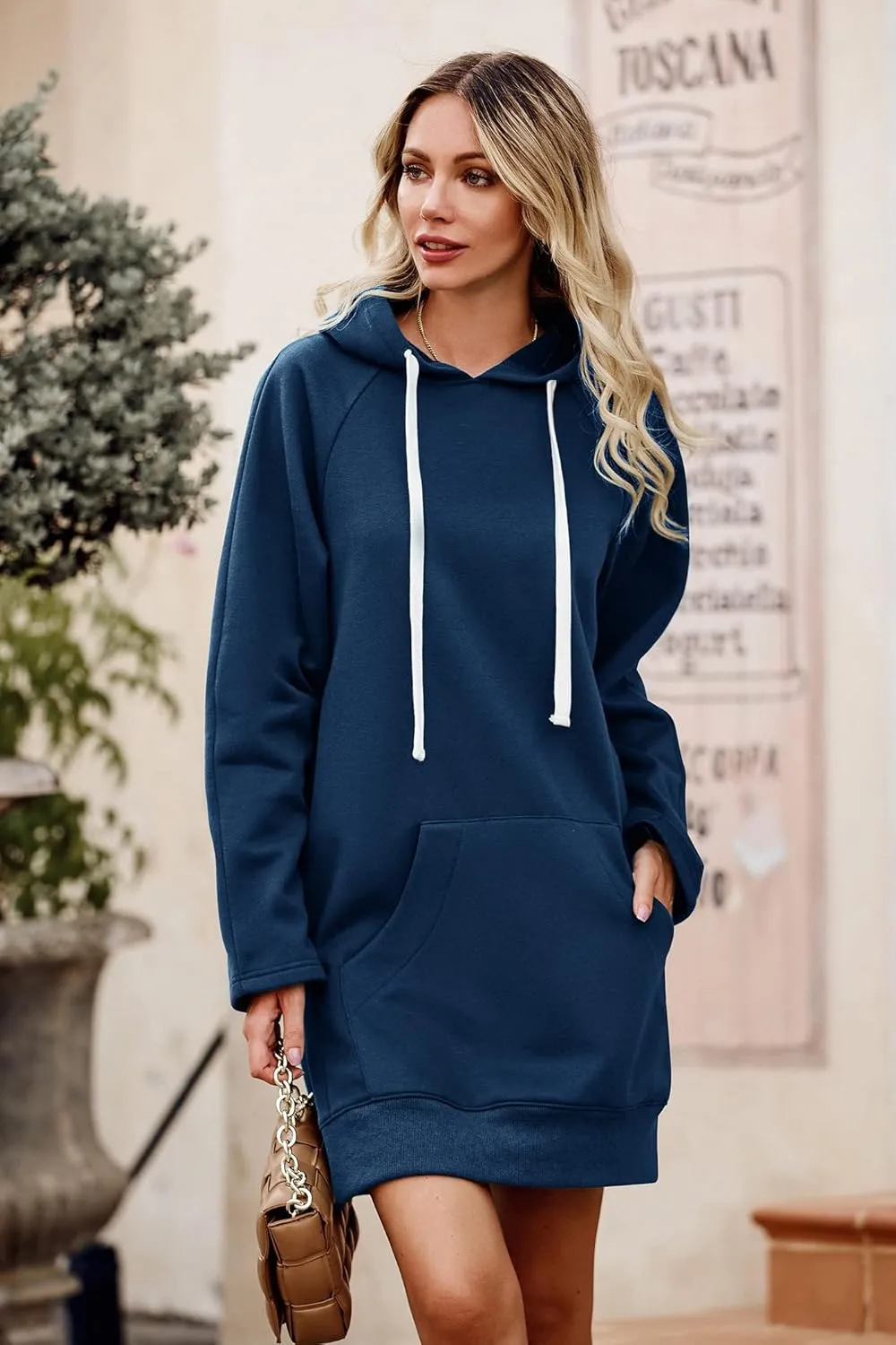 PRETTYGARDEN Women's Casual Pullover Sweatshirt Long Sleeve Split Hem Hoodie Dress with Kangaroo Pocket