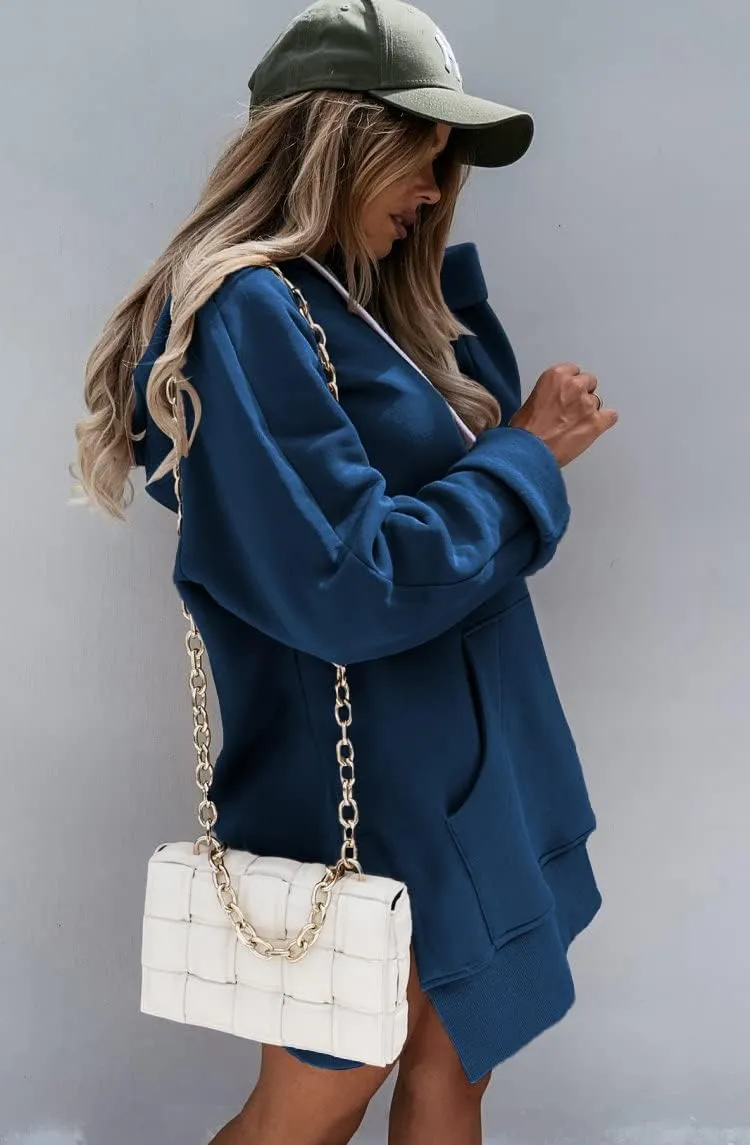 PRETTYGARDEN Women's Casual Pullover Sweatshirt Long Sleeve Split Hem Hoodie Dress with Kangaroo Pocket