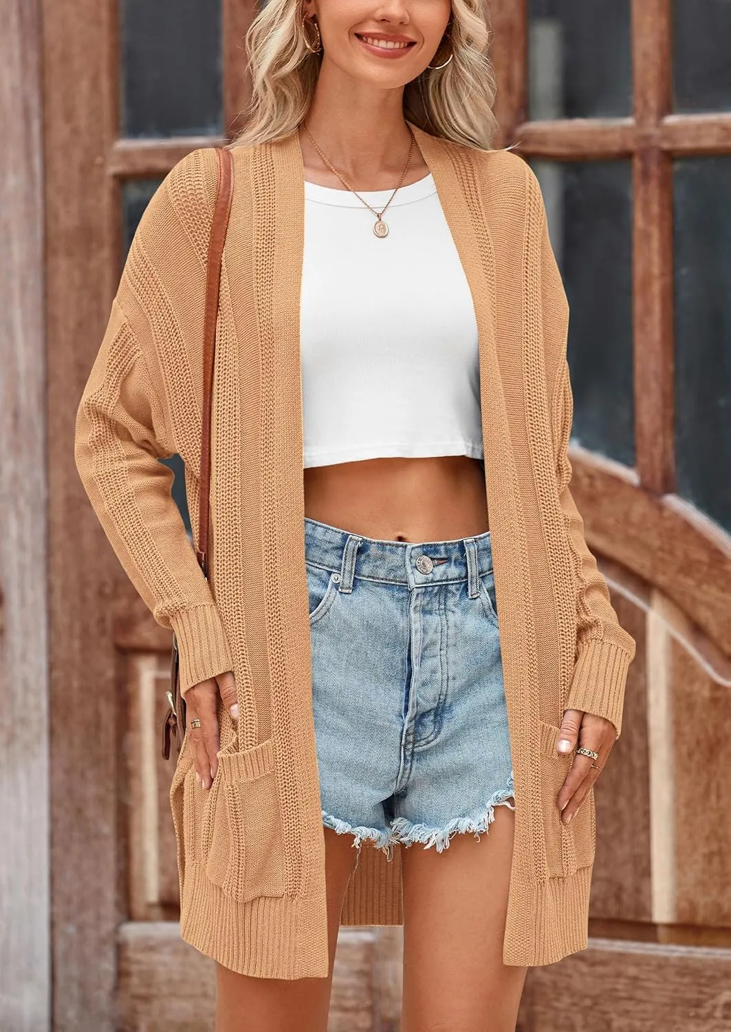 PRETTYGARDEN Women's Fall Loose Open Front Cardigan Long Sleeve Cable Knit Sweaters Lightweight Outwear with Pockets