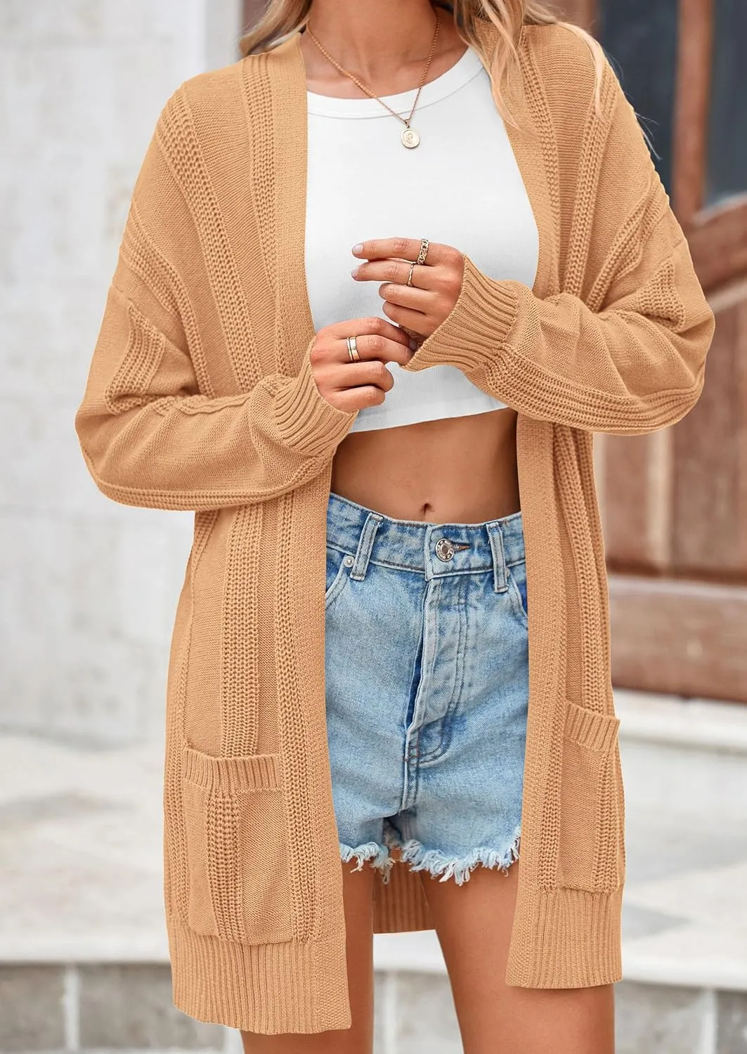 PRETTYGARDEN Women's Fall Loose Open Front Cardigan Long Sleeve Cable Knit Sweaters Lightweight Outwear with Pockets