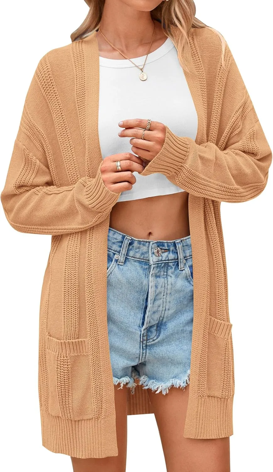 PRETTYGARDEN Women's Fall Loose Open Front Cardigan Long Sleeve Cable Knit Sweaters Lightweight Outwear with Pockets