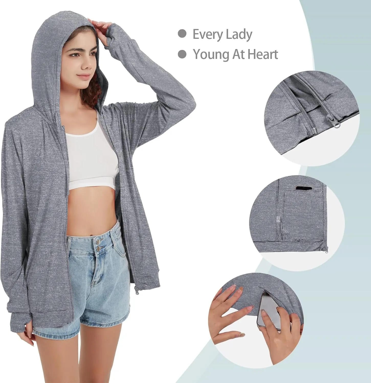QBK Light Weight Zip Up Hoodie Thin Summer Jacket For Women