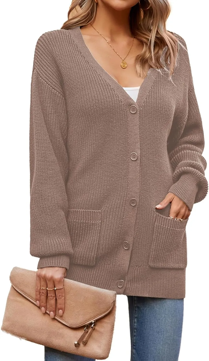QUALFORT Women's 100% Cotton Cardigans for Women Lantern Sleeve Oversized Sweater with Pockets