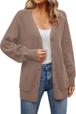 QUALFORT Women's 100% Cotton Cardigans for Women Lantern Sleeve Oversized Sweater with Pockets